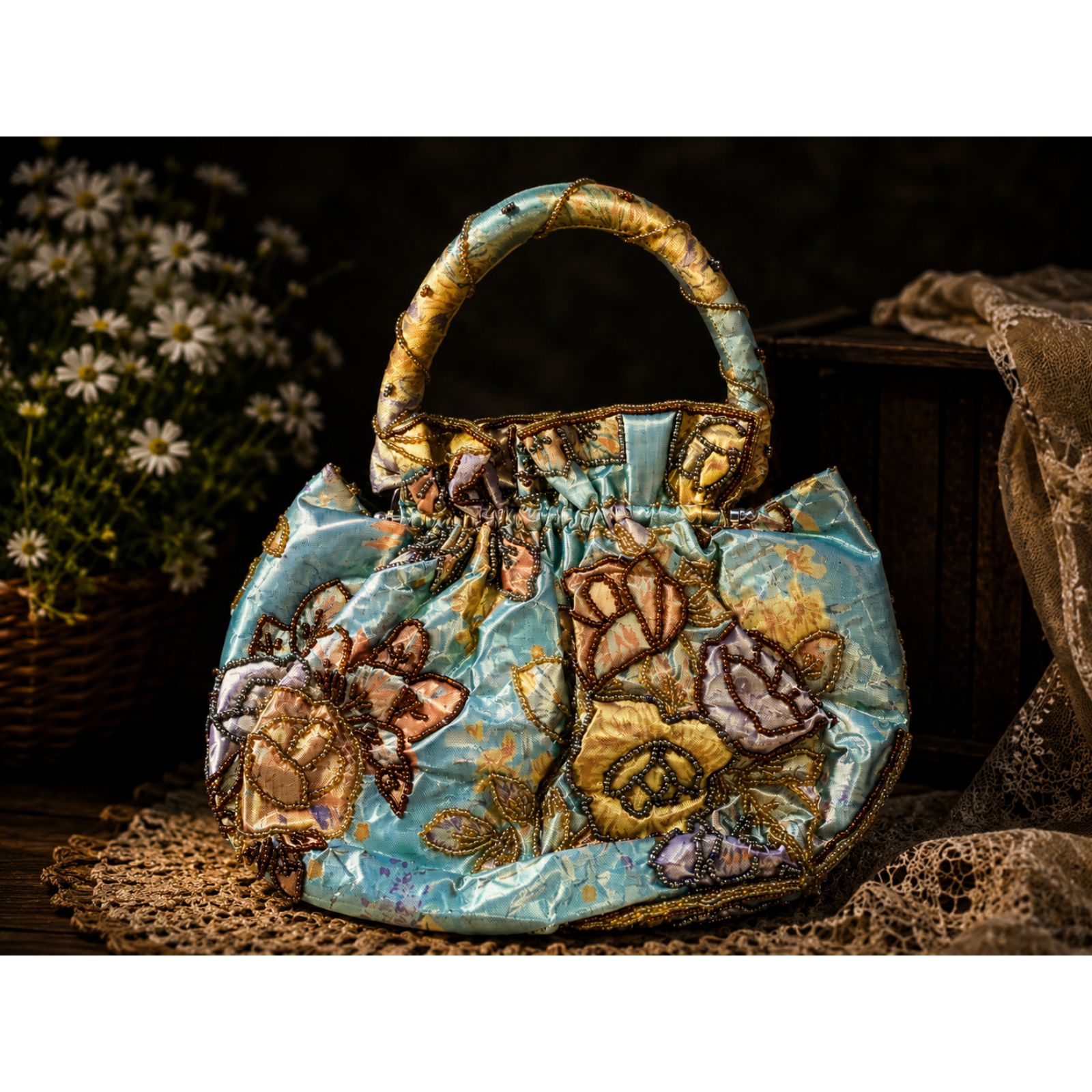 Vintage Beaded Floral Small Evening Bag | Embroidered | Romantic Cottagecore Pu